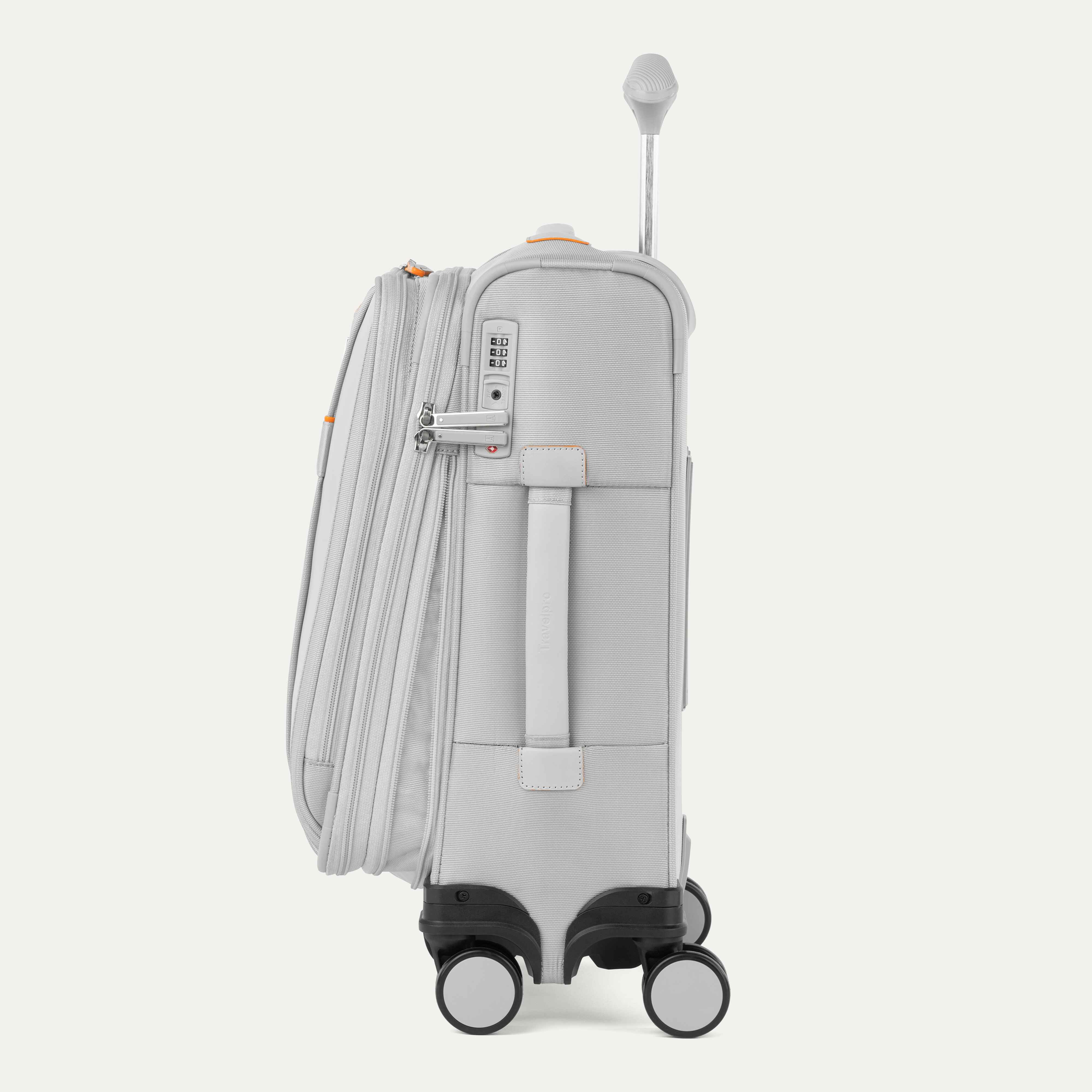 Side of VersaPack+ Soft Sided Compact Small Carry-On Spinner in Silver