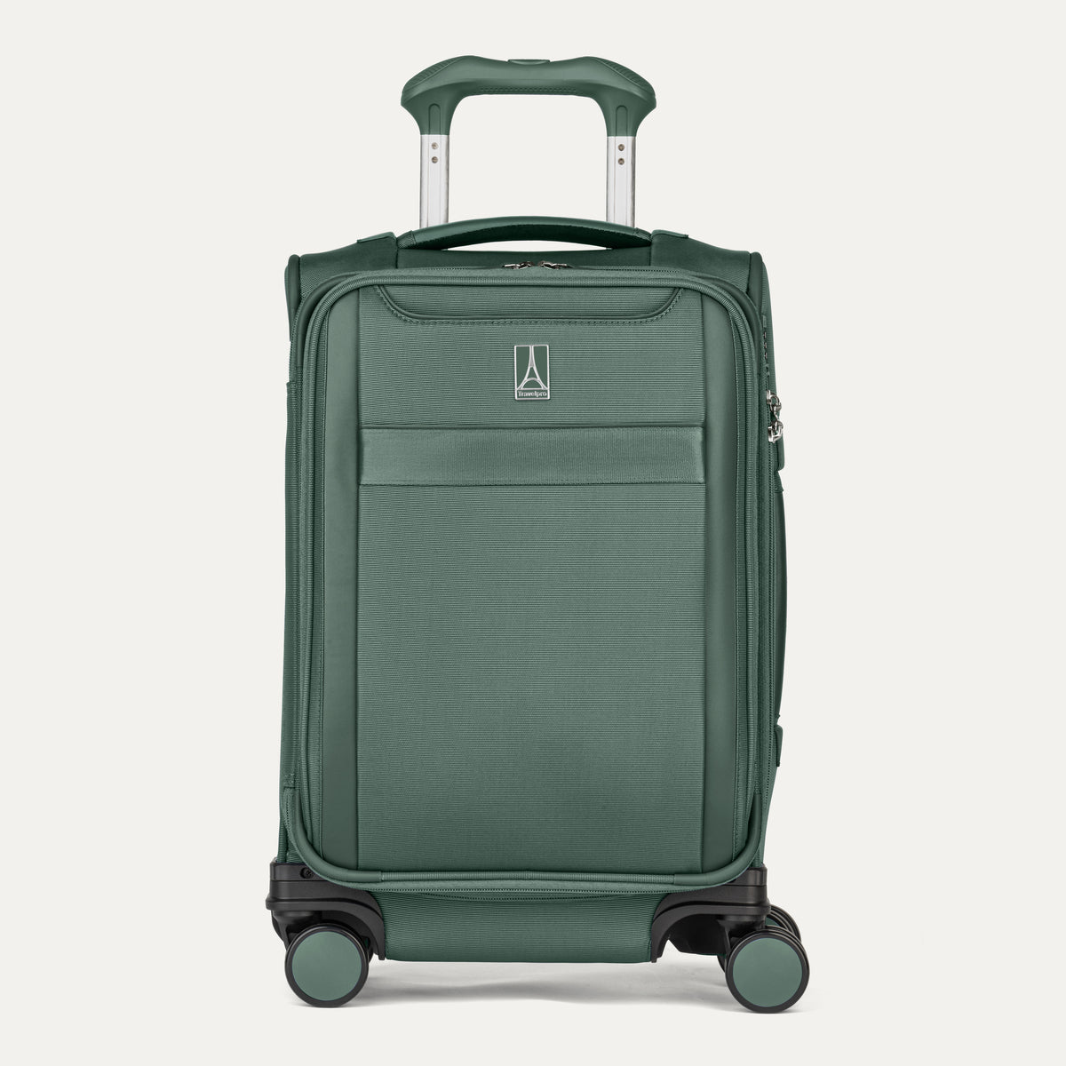 Front view of Travelpro Versapack+ Compact Carry-On Spinner in Desert Sage Green, featuring front document pocket and 360° Spinner Wheels.