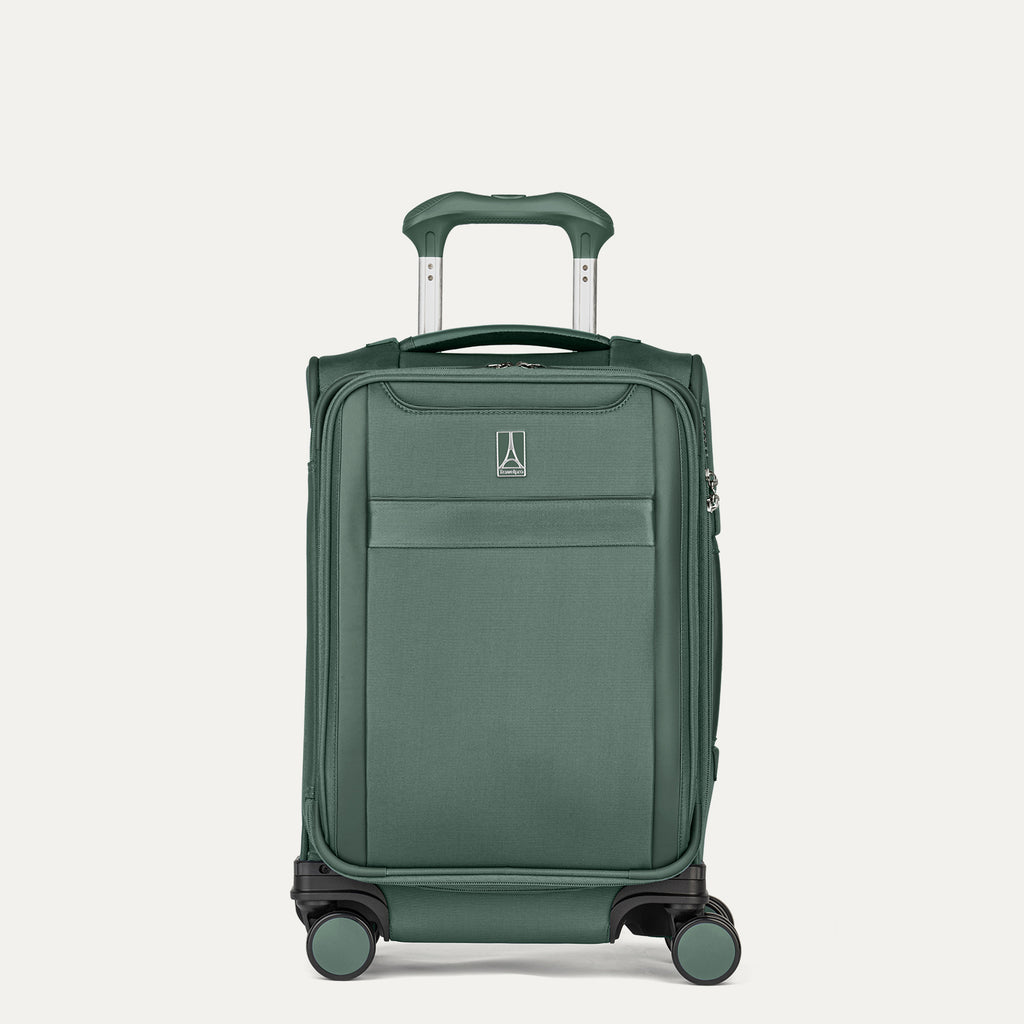 Front view of Travelpro Versapack+ Compact Carry-On Spinner in Desert Sage Green, featuring front document pocket and 360° Spinner Wheels.