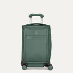 Front view of Travelpro Versapack+ Compact Carry-On Spinner in Desert Sage Green, featuring front document pocket and 360° Spinner Wheels.