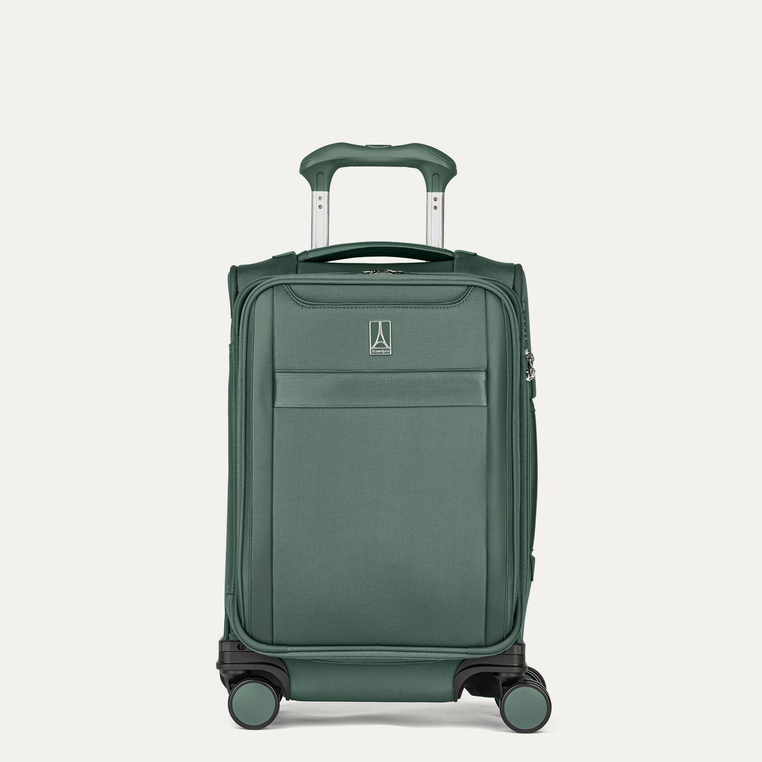 Front view of Travelpro Versapack+ Compact Carry-On Spinner in Desert Sage Green, featuring front document pocket and 360° Spinner Wheels.