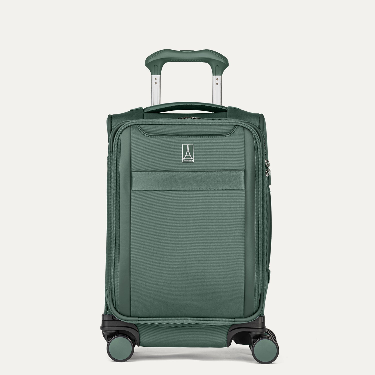 Front view of Travelpro Versapack+  Carry-On in Desert Sage Green, featuring a PowerScope Extension Handle.