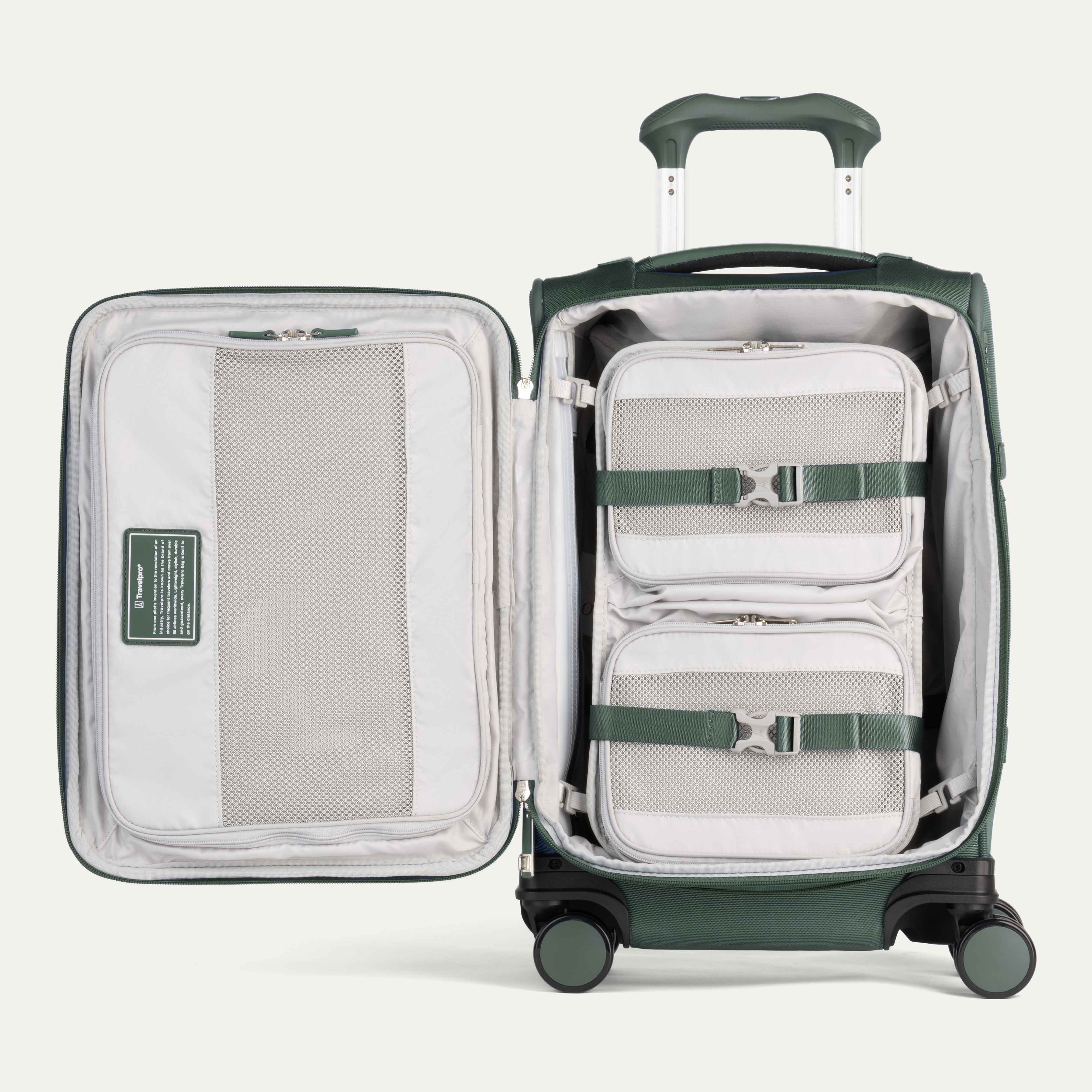 Interior of Green VersaPack+ Soft Sided Compact Small Carry-On Spinner with Compression Organizer