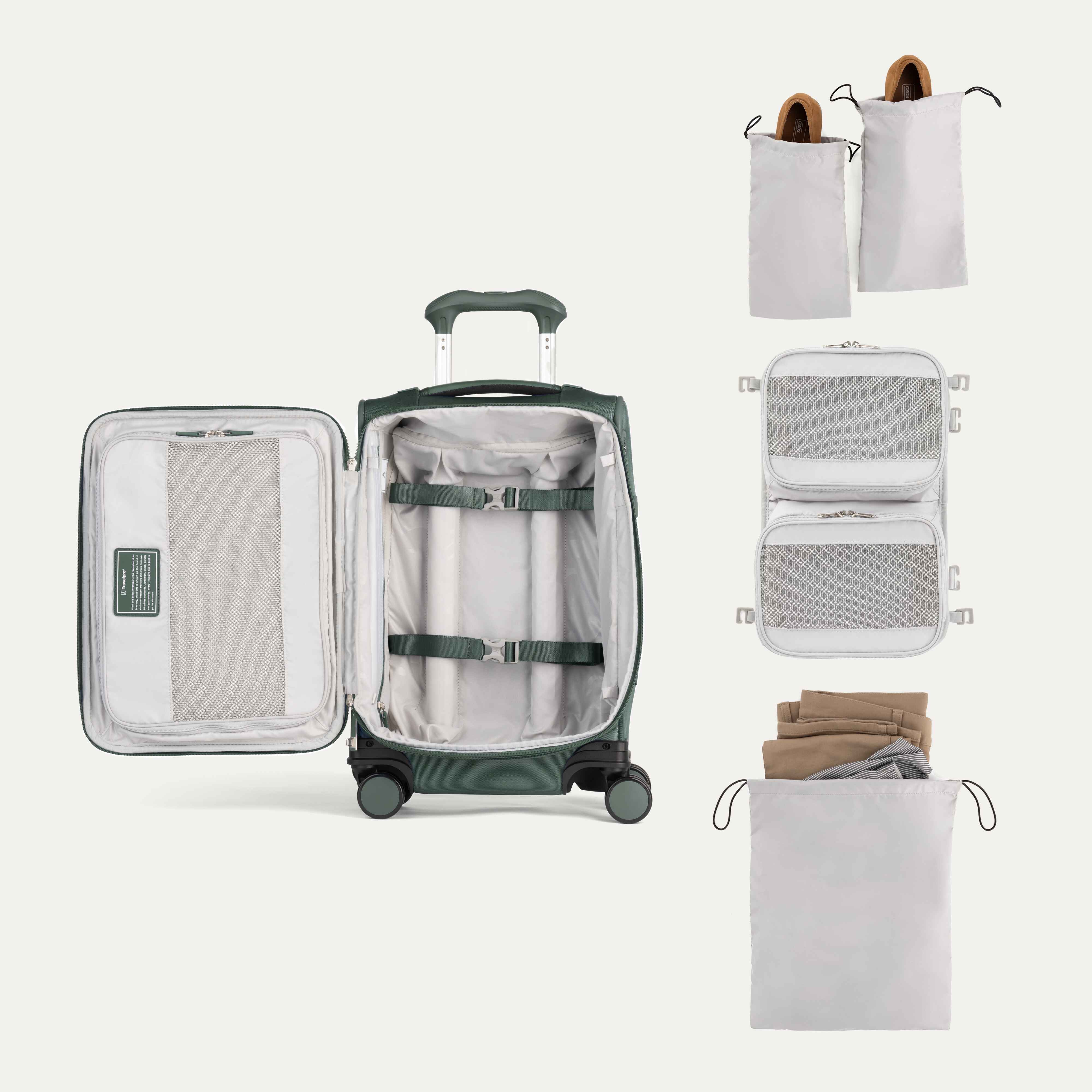 Interior of Green VersaPack+ Soft Sided Compact Small Carry-On Spinner with Removable Organizer and Travel Laundry Bag