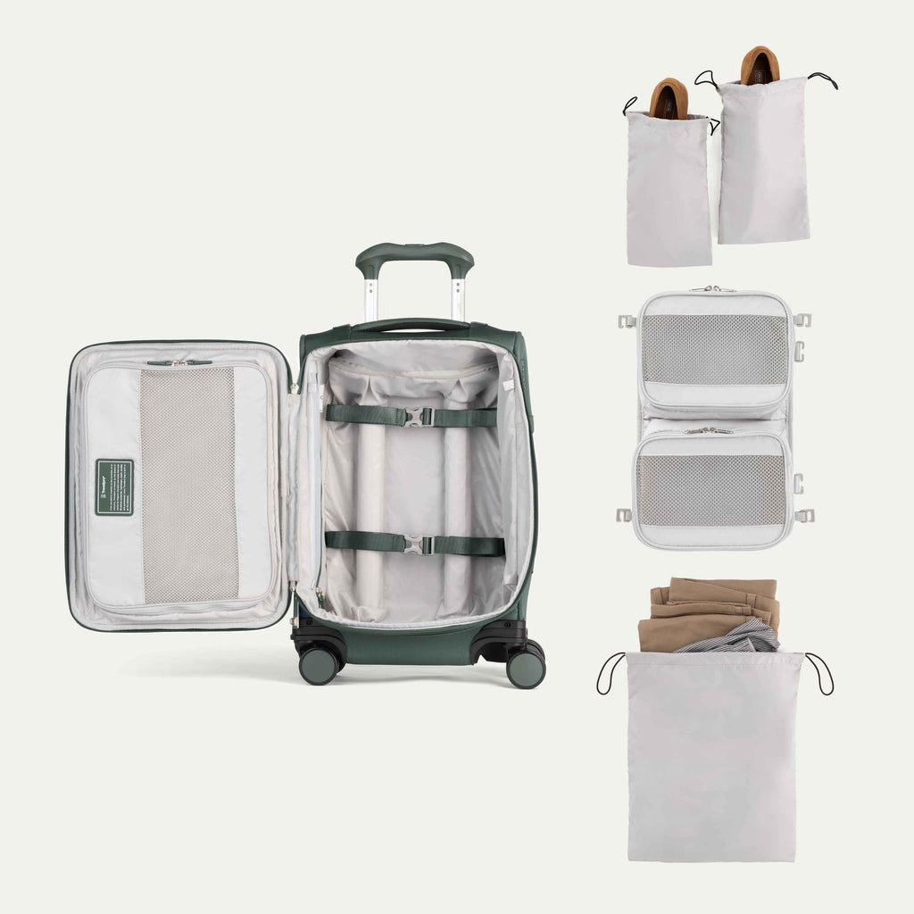 Interior of Green VersaPack+ Soft Sided Compact Small Carry-On Spinner with Removable Organizer and Travel Laundry Bag