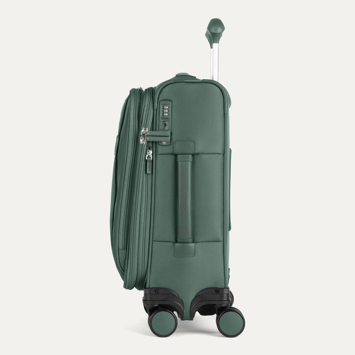 Side view of Travelpro VersaPack®+ Compact Carry-On Spinner in Desert Sage Green, featuring an expandable zipper, TSA-approved lock, and padded side carry handle with extended handle.