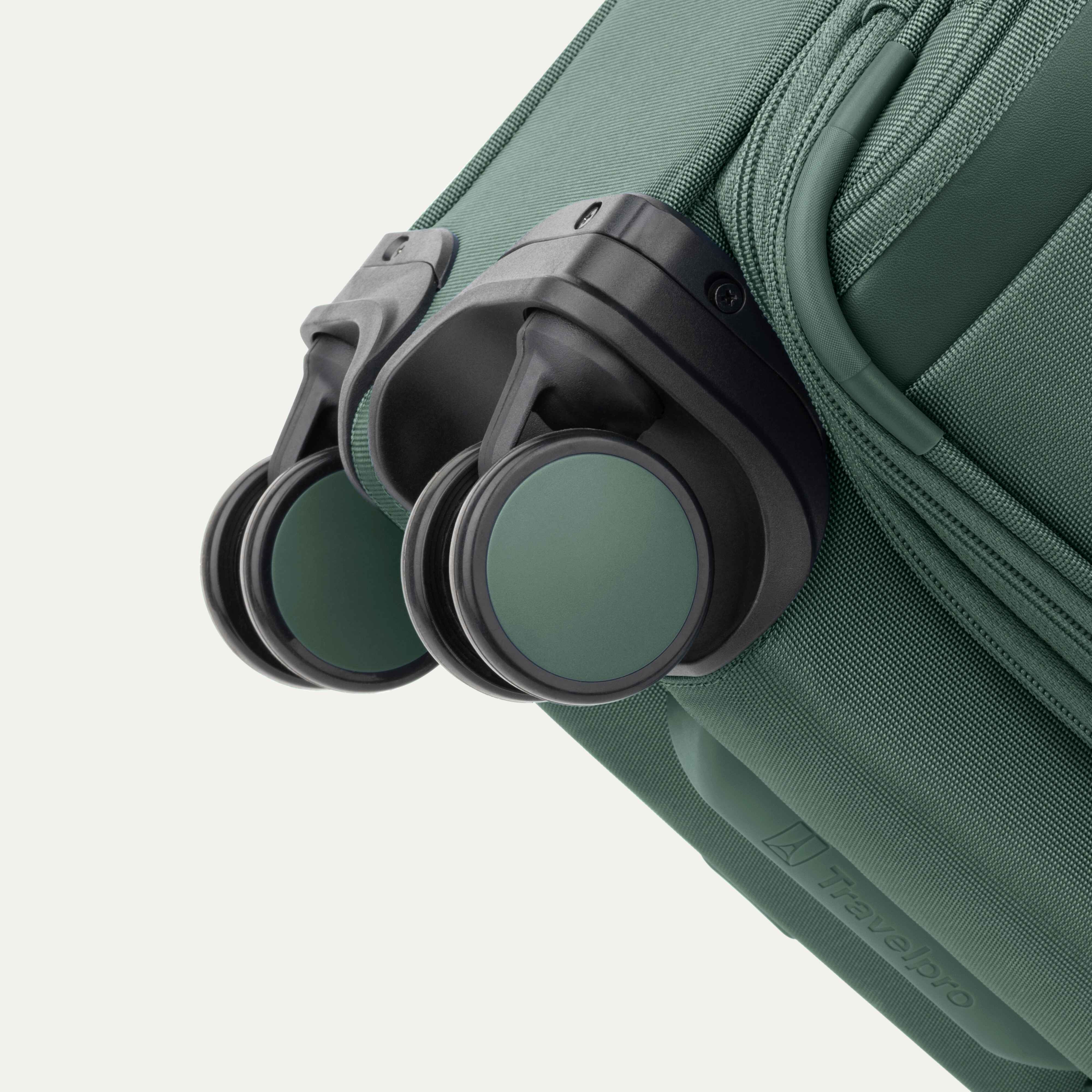 Self-Aligning Spinner Wheels of the Green VersaPack+ Soft Sided Compact Small Carry-On Spinner