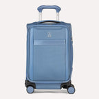 Front view of Travelpro Versapack+ Compact Carry-On Spinner in Elemental Blue, featuring front document pocket and 360° Spinner Wheels.