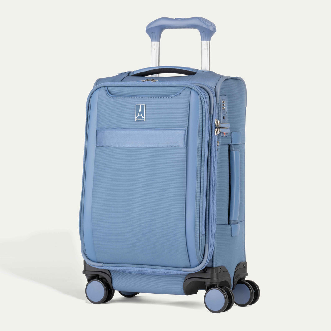 Front of VersaPack+ Soft Sided Compact Small Carry-On Spinner in Baby Blue