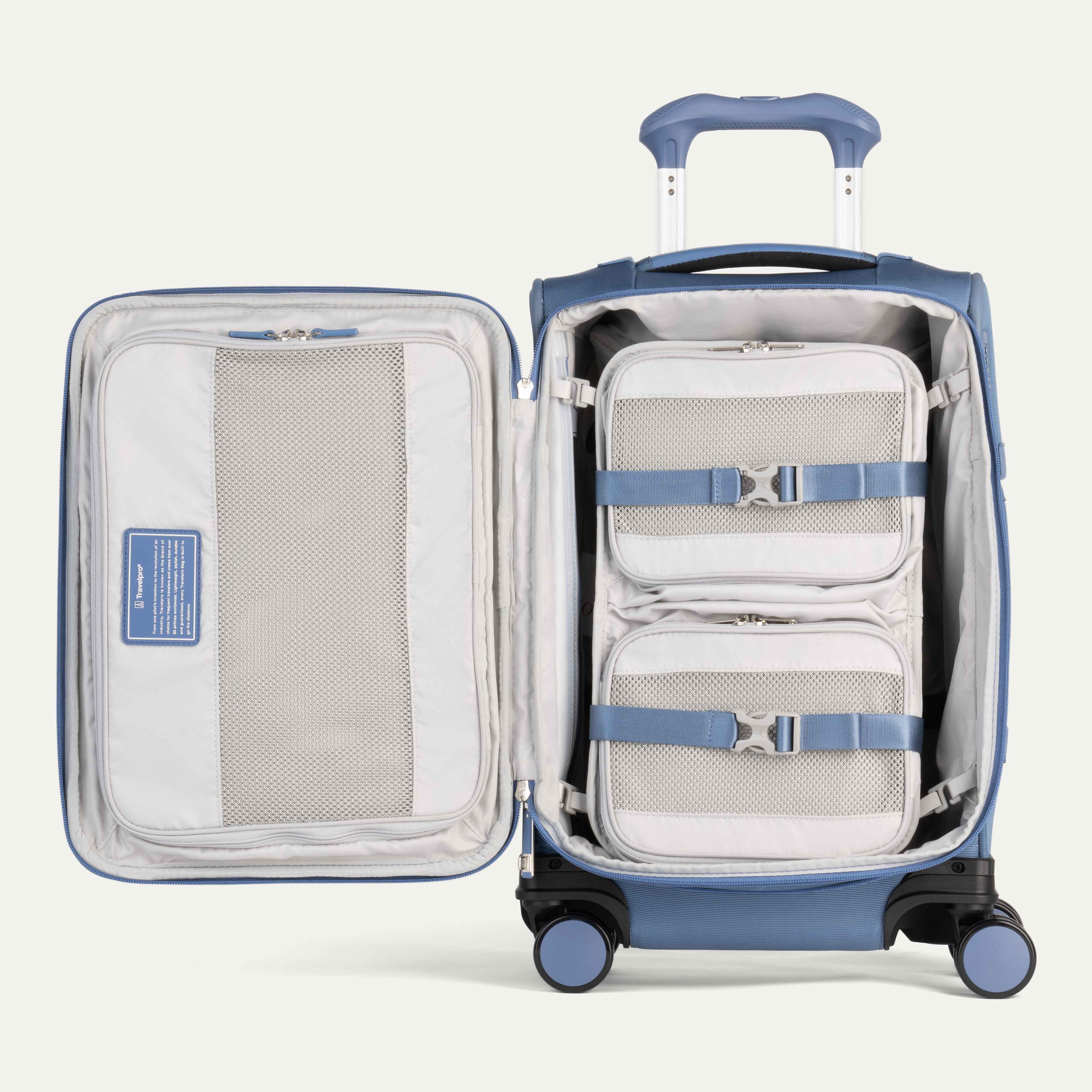 Interior of Baby Blue VersaPack+ Soft Sided Compact Small Carry-On Spinner with Compression Organizer