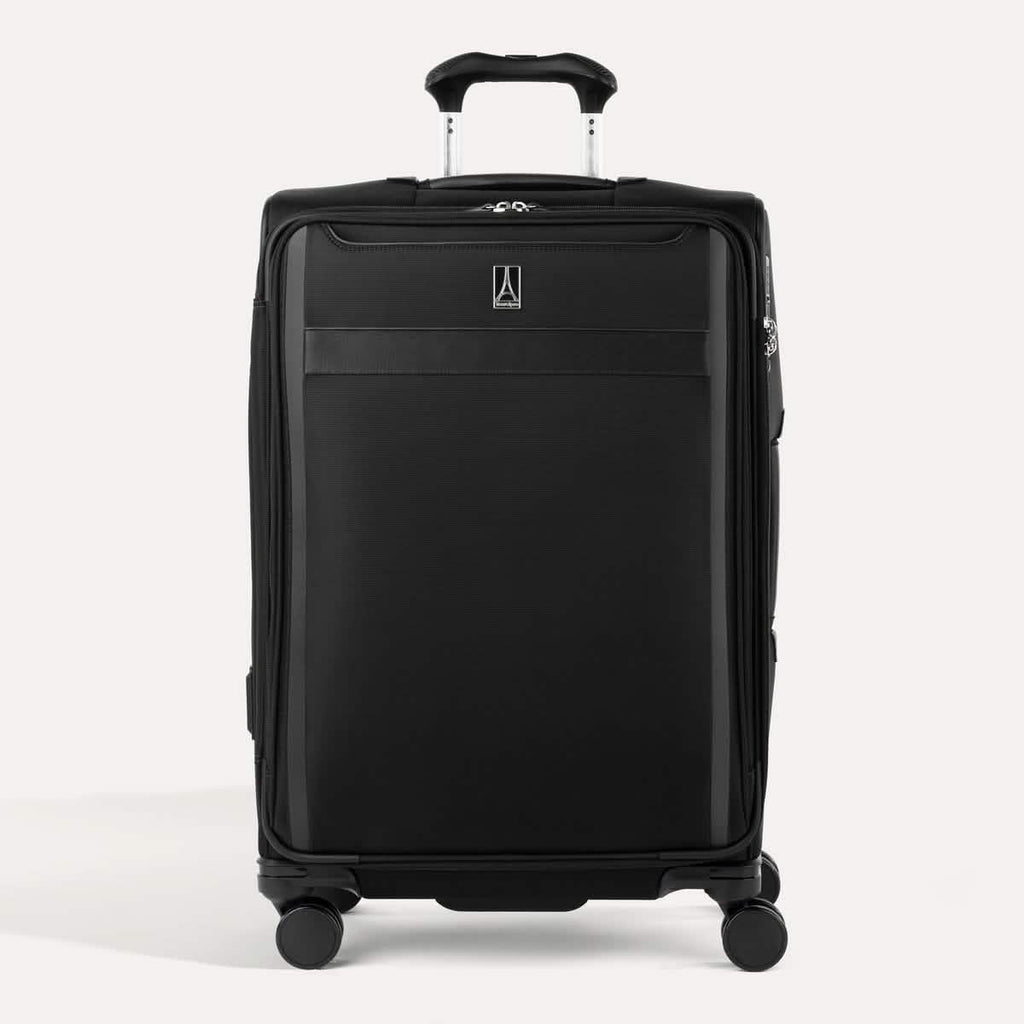 Front view of Travelpro Versapack+ Medium Check-In Spinner in Black, featuring 360° spinner wheels and PowerScope Lite handle.
