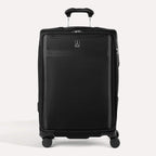 Front view of Travelpro Versapack+ Medium Check-In Spinner in Black, featuring 360° spinner wheels and PowerScope Lite handle.
