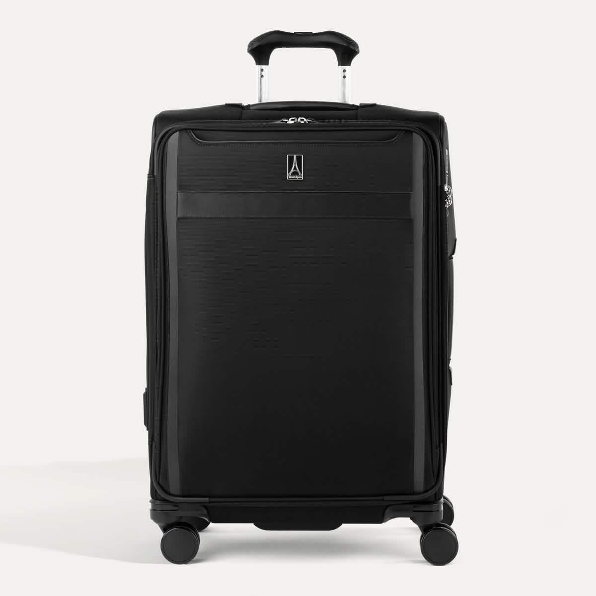 Front view of Travelpro Versapack+ Medium Check-In Spinner in Black, featuring 360° spinner wheels and PowerScope Lite handle.

