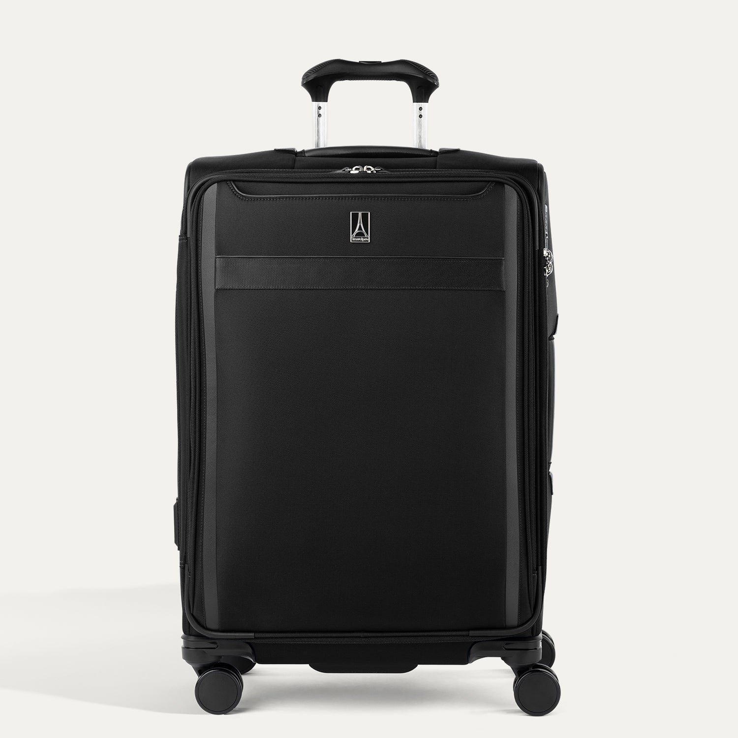 Front view of Travelpro Versapack+ Medium Check-In Spinner in Black, featuring 360° spinner wheels and PowerScope Lite handle.