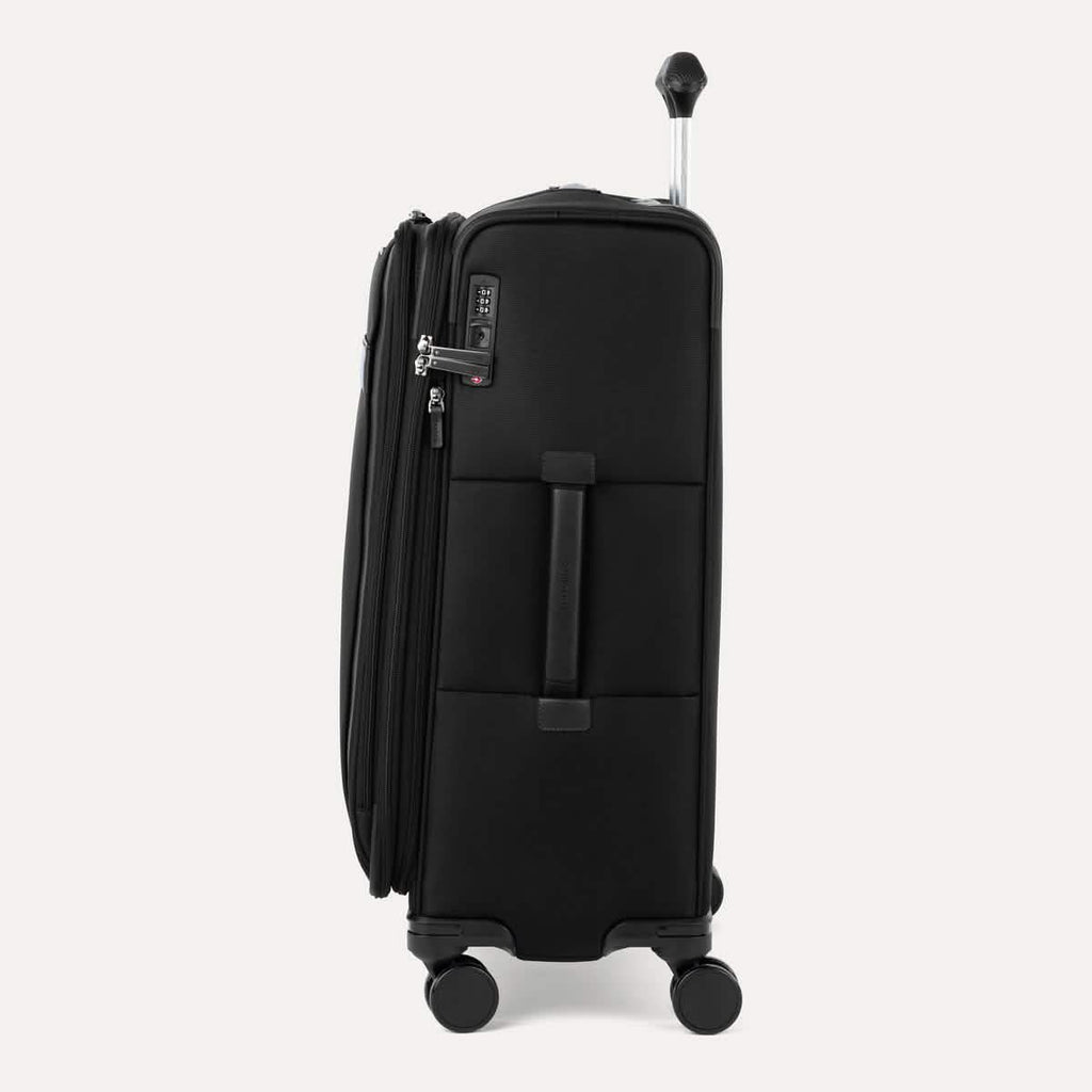 Side view of Travelpro Versapack+ Medium Check-In Spinner in Black, highlighting 360° spinner wheels and PowerScope Lite handle.

