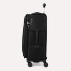 Side view of Travelpro Versapack+ Medium Check-In Spinner in Black, highlighting 360° spinner wheels and PowerScope Lite handle.
