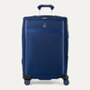 Front view of Travelpro Versapack+ Medium Check-In Spinner in Estate Blue, showing 360° spinner wheels and PowerScope Lite handle.
