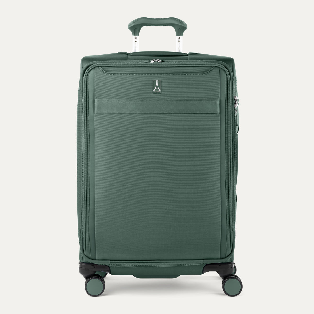 Front view of Travelpro Versapack+ Medium Check-In Spinner in Slate Green, featuring 360° spinner wheels and a PowerScope Lite handle.
