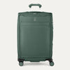 Front view of Travelpro Versapack+ Medium Check-In Spinner in Slate Green, featuring 360° spinner wheels and a PowerScope Lite handle.
