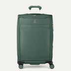 Front view of Travelpro Versapack+ Medium Check-In Spinner in Slate Green, featuring 360° spinner wheels and a PowerScope Lite handle.