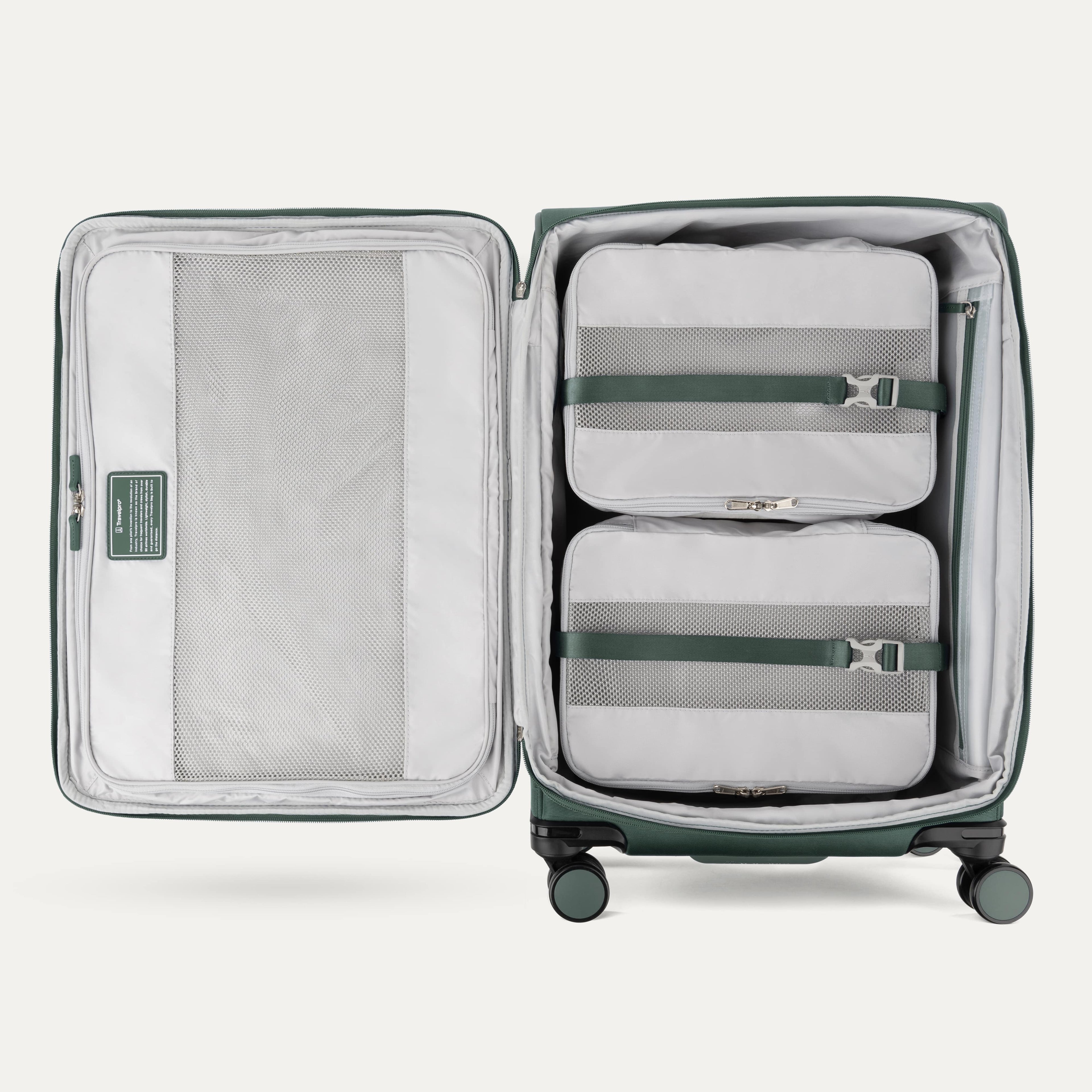 Interior of Green VersaPack+ Medium Check-In Luggage Spinner with Removable Compression Packing Cubes
