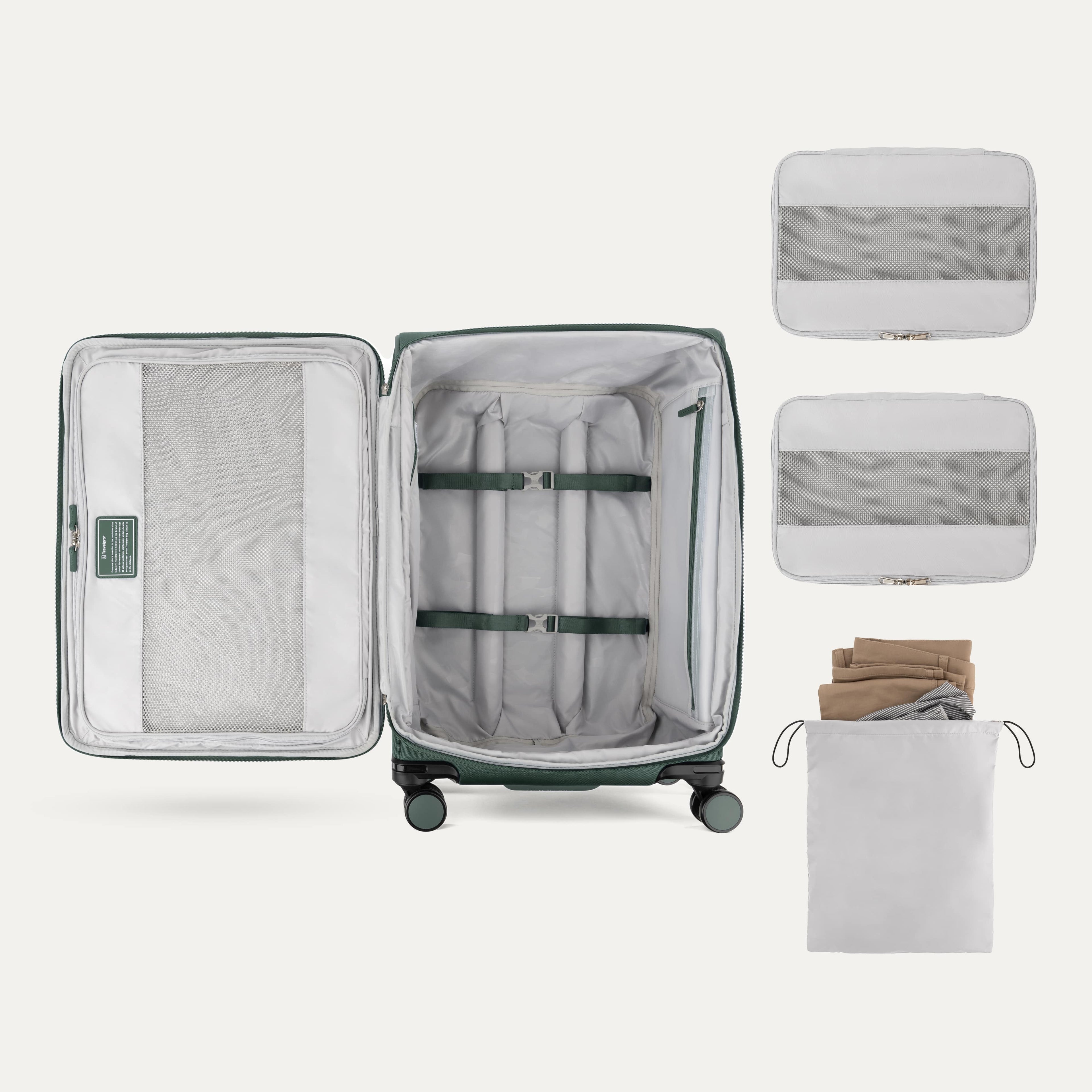 Water Resistant Interior of Green VersaPack+ Medium Check-In Luggage Spinner with Removable Organizers and Laundry Bag