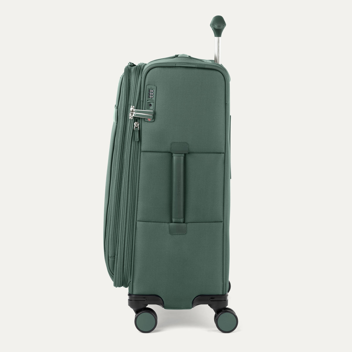 Side view of Travelpro Versapack+ Medium Check-In Spinner in Cypress Green, showing 360° spinner wheels and PowerScope Lite handle.
