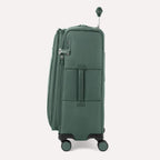 Side view of Travelpro Versapack+ Medium Check-In Spinner in Cypress Green, showing 360° spinner wheels and PowerScope Lite handle.
