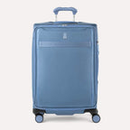 Front view of Travelpro Versapack+ Medium Check-In Spinner in Elemental Blue, featuring 360° spinner wheels and PowerScope Lite handle.

