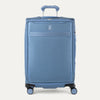 Front view of Travelpro Versapack+ Medium Check-In Spinner in Elemental Blue, featuring 360° spinner wheels and PowerScope Lite handle.
