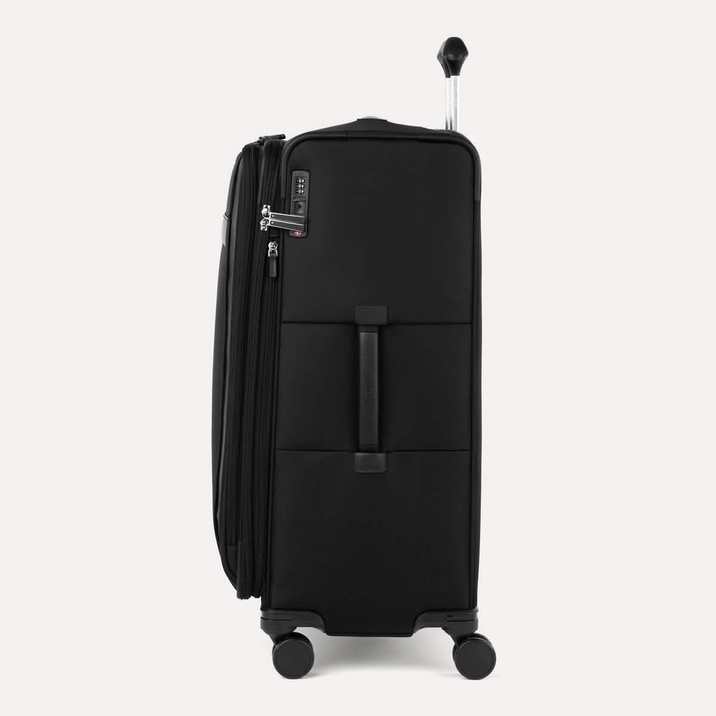 Side view of Travelpro VersaPack+ Large Check-In Spinner in Jet Black, showing 360° Spinner Wheels and PowerScope Extension Handle.
