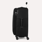 Side view of Travelpro VersaPack+ Large Check-In Spinner in Jet Black, showing 360° Spinner Wheels and PowerScope Extension Handle.
