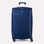 Front view of Travelpro VersaPack+ Large Check-In Spinner in Estate Blue, featuring 360° Spinner Wheels and PowerScope Extension Handle.
