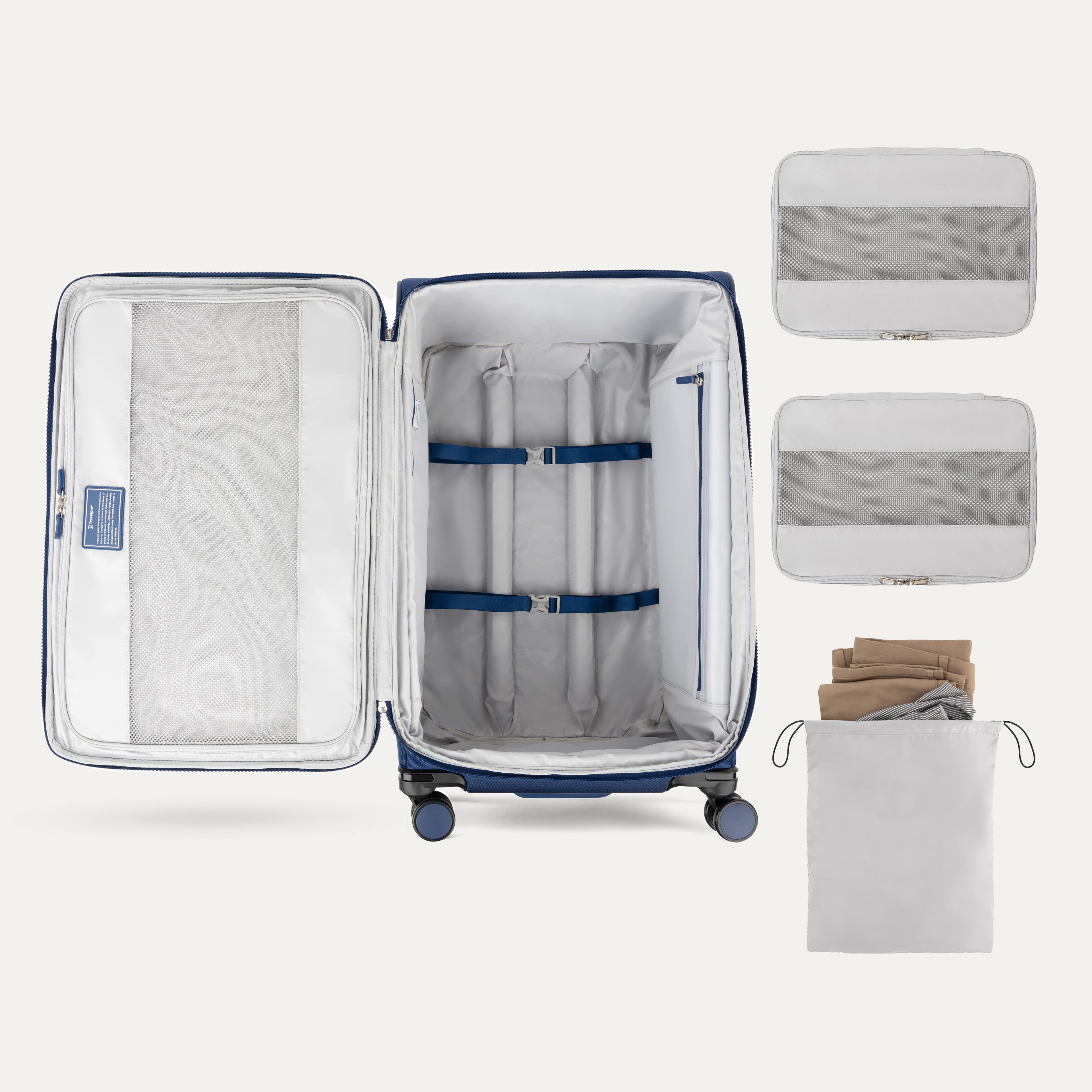 Interior of Blue VersaPack+ Extra Large Checked Luggage Spinner with Compression Packing Cubes and Accessories