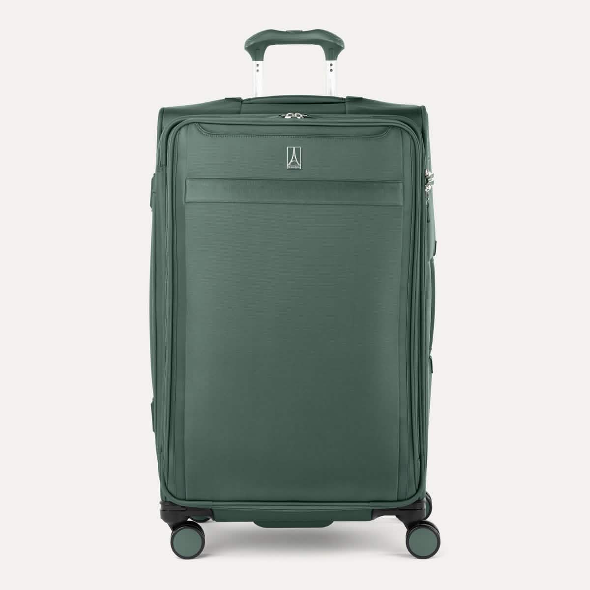 Travelpro VersaPack+ Large Check-In Spinner in Desert Sage Green, featuring Contour Grip handle and 360° spinner wheels.
