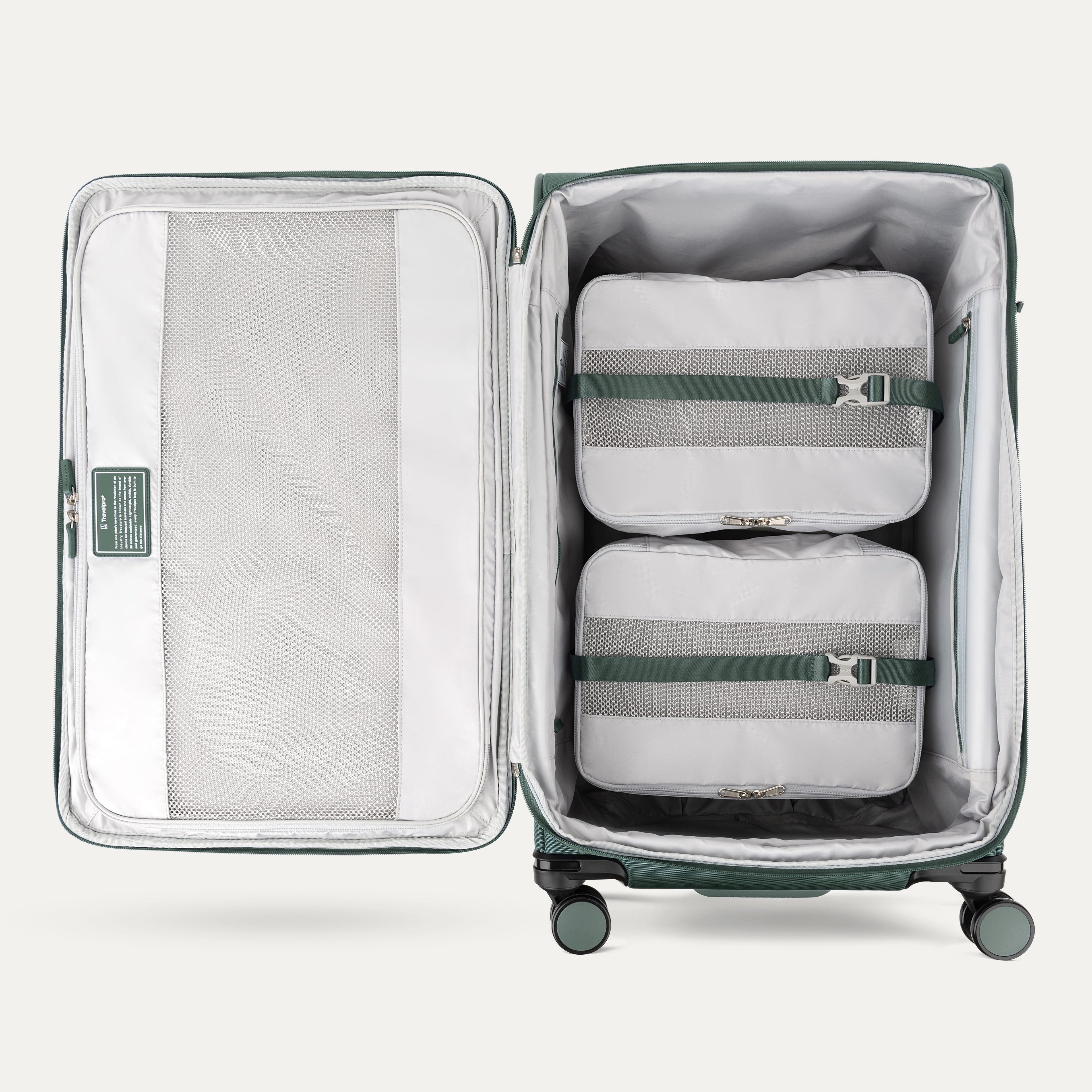Interior of Green VersaPack+ Extra Large Checked Luggage Spinner with Compression Packing Cubes and Accessories
