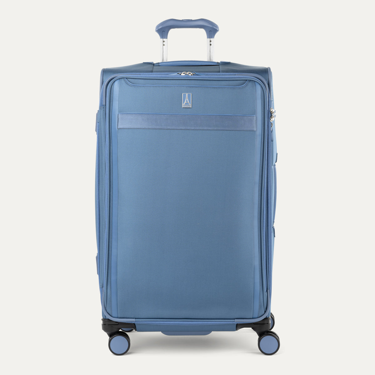 Front-facing Travelpro VersaPack+ Large Check-In Spinner in Elemental Blue, featuring smooth 360° spinner wheels and a textured handle.

