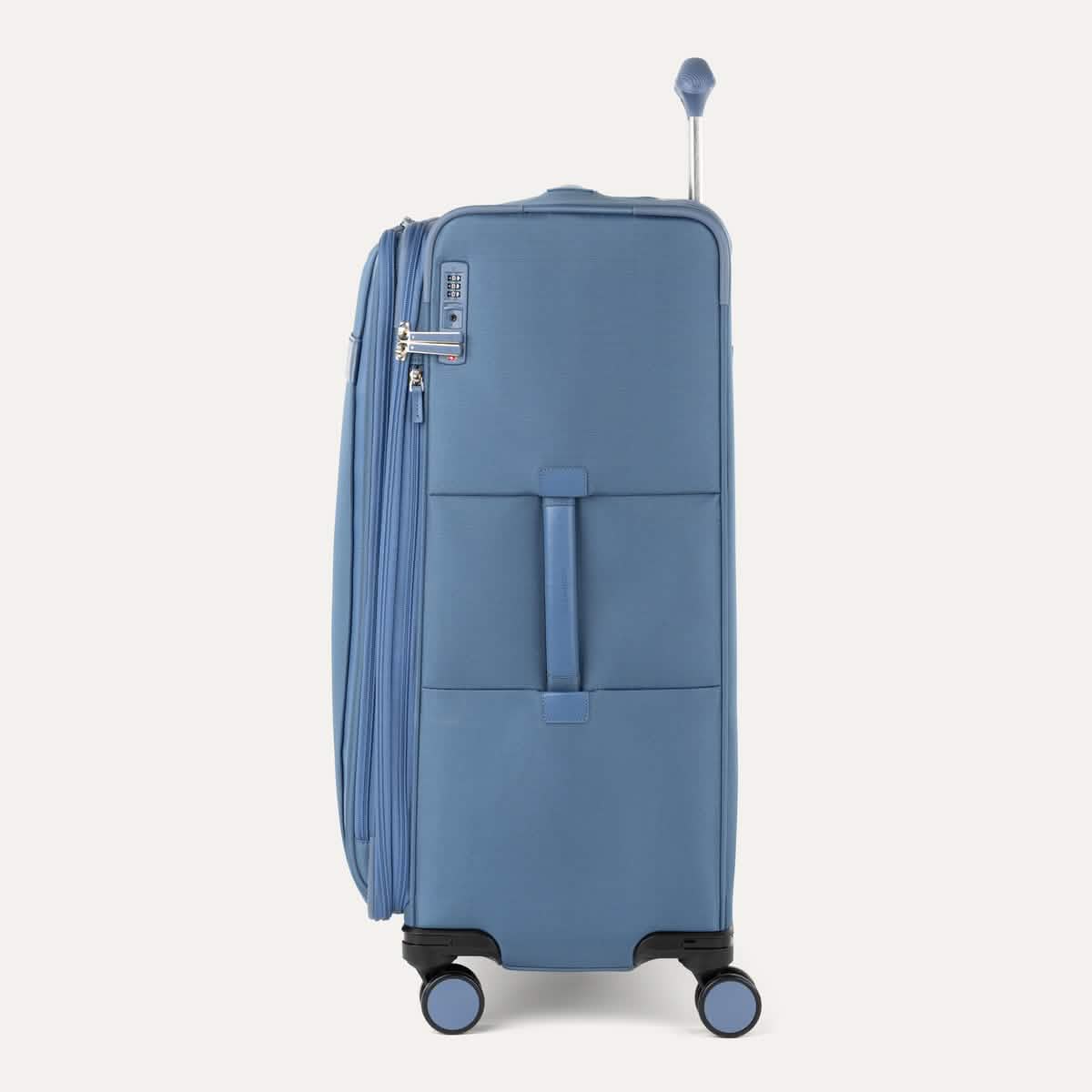 Front-facing Travelpro VersaPack+ Large Check-In Spinner in Elemental Blue, featuring smooth 360° spinner wheels and a textured handle.
