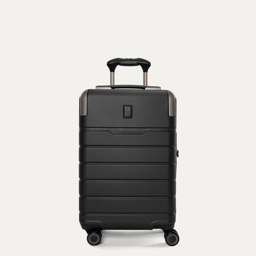 Front view of the Travelpro Platinum Reserve Compact Carry-On Hardside Spinner in Black Dust