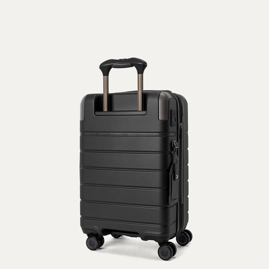 Rear angled view of the Travelpro Platinum Reserve Compact Carry-On Hardside Spinner in Black Dust