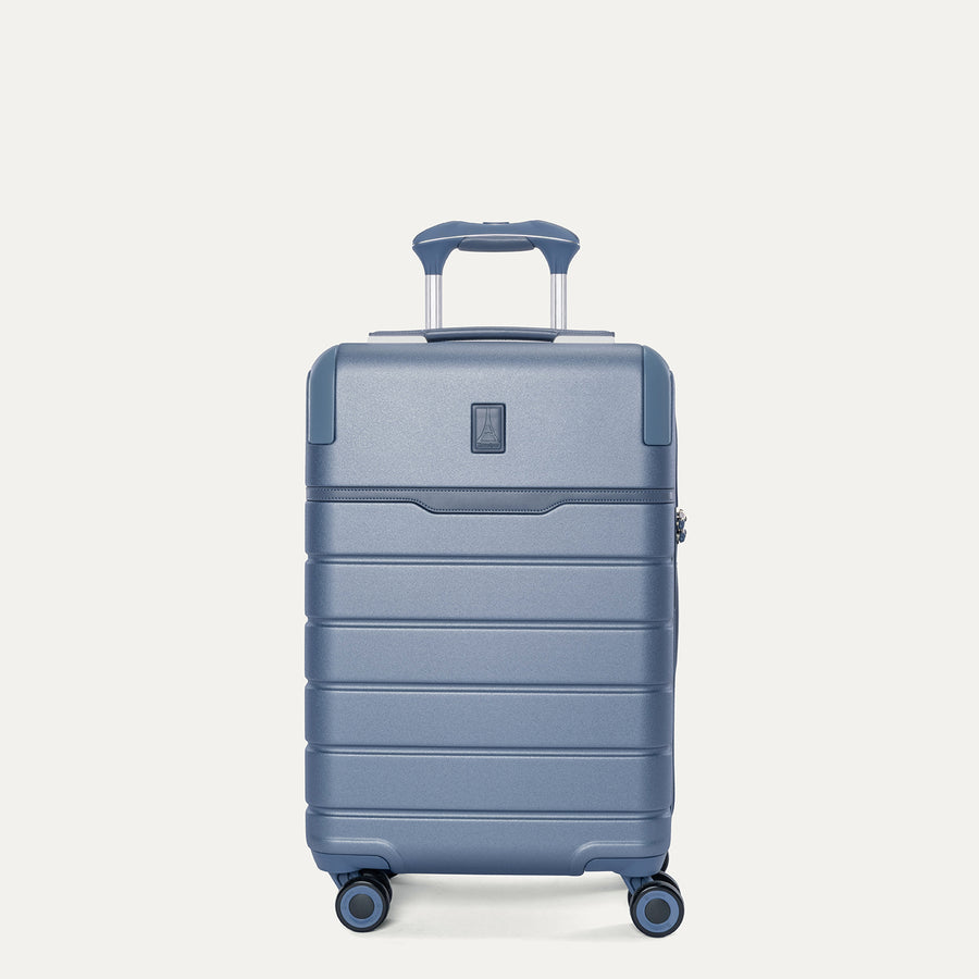Front view of the Travelpro Platinum Reserve Compact Carry-On Hardside Spinner in Steel Blue
