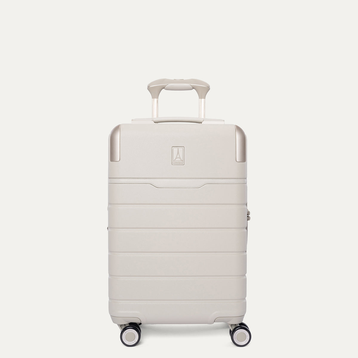 Front view of the Travelpro Platinum Reserve Compact Carry-On Hardside Spinner in Sandstone
