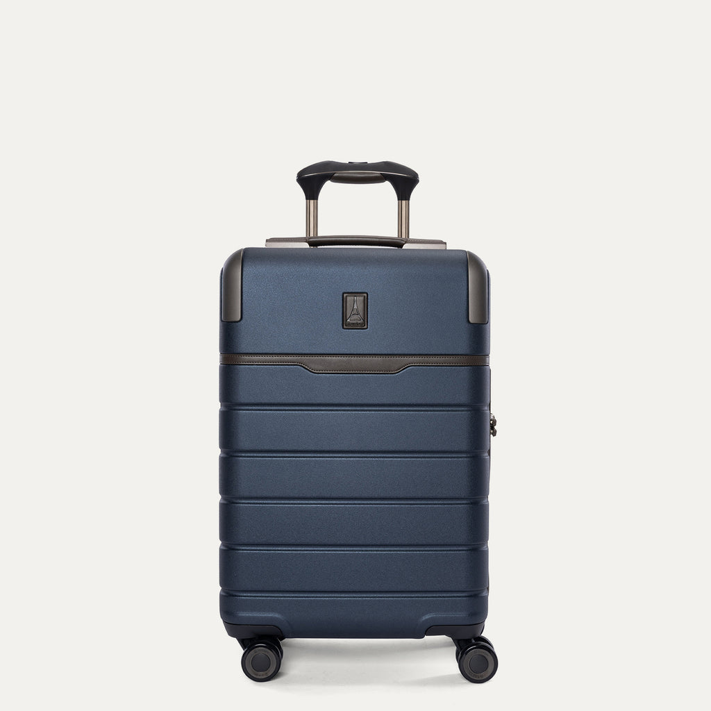 Front view of the Travelpro Platinum Reserve Compact Carry-On Hardside Spinner in Midnight Trail