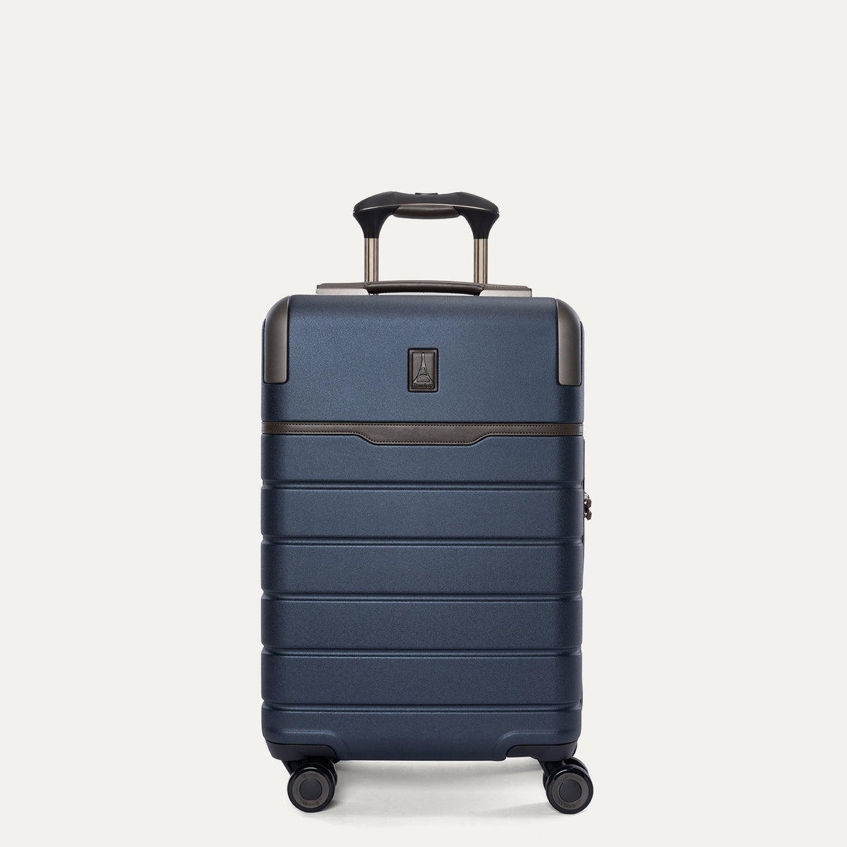 Front view of the Travelpro Platinum Reserve Compact Carry-On Hardside Spinner in Midnight Trail