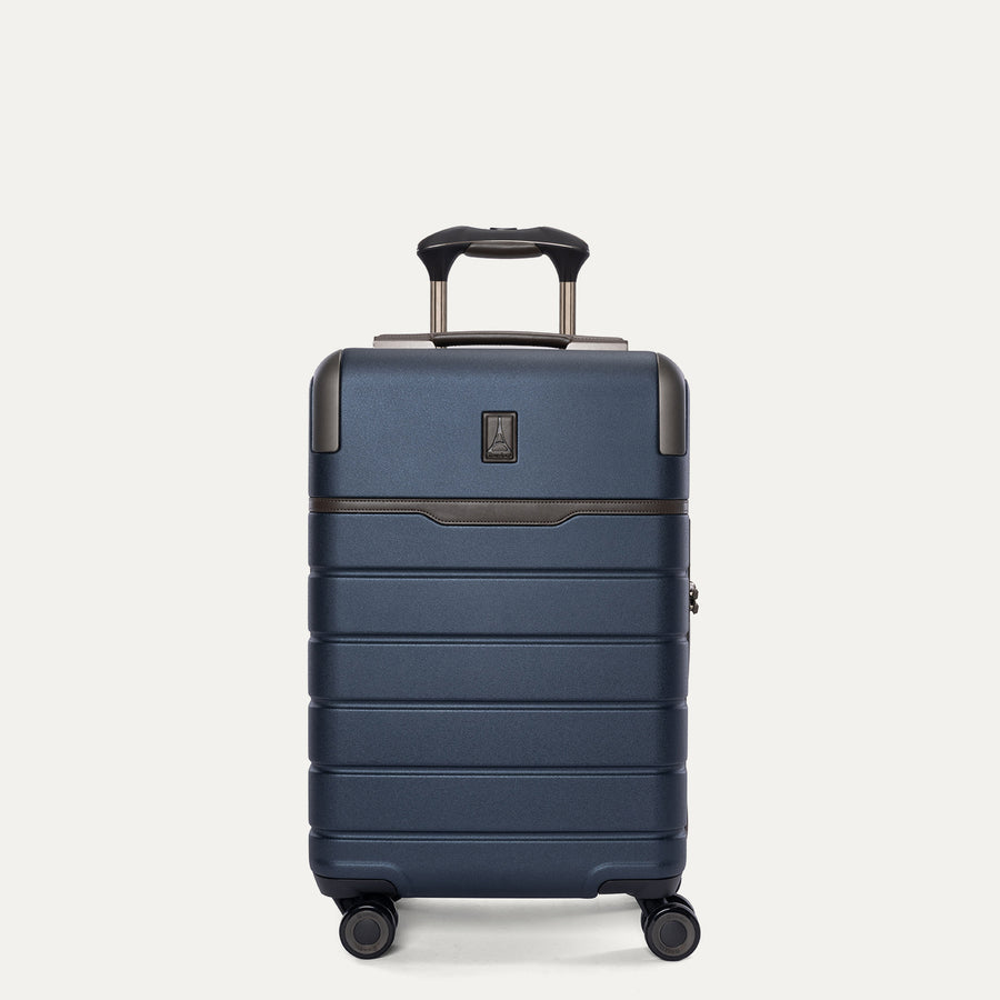 Front view of the Travelpro Platinum Reserve Compact Carry-On Hardside Spinner in Midnight Trail