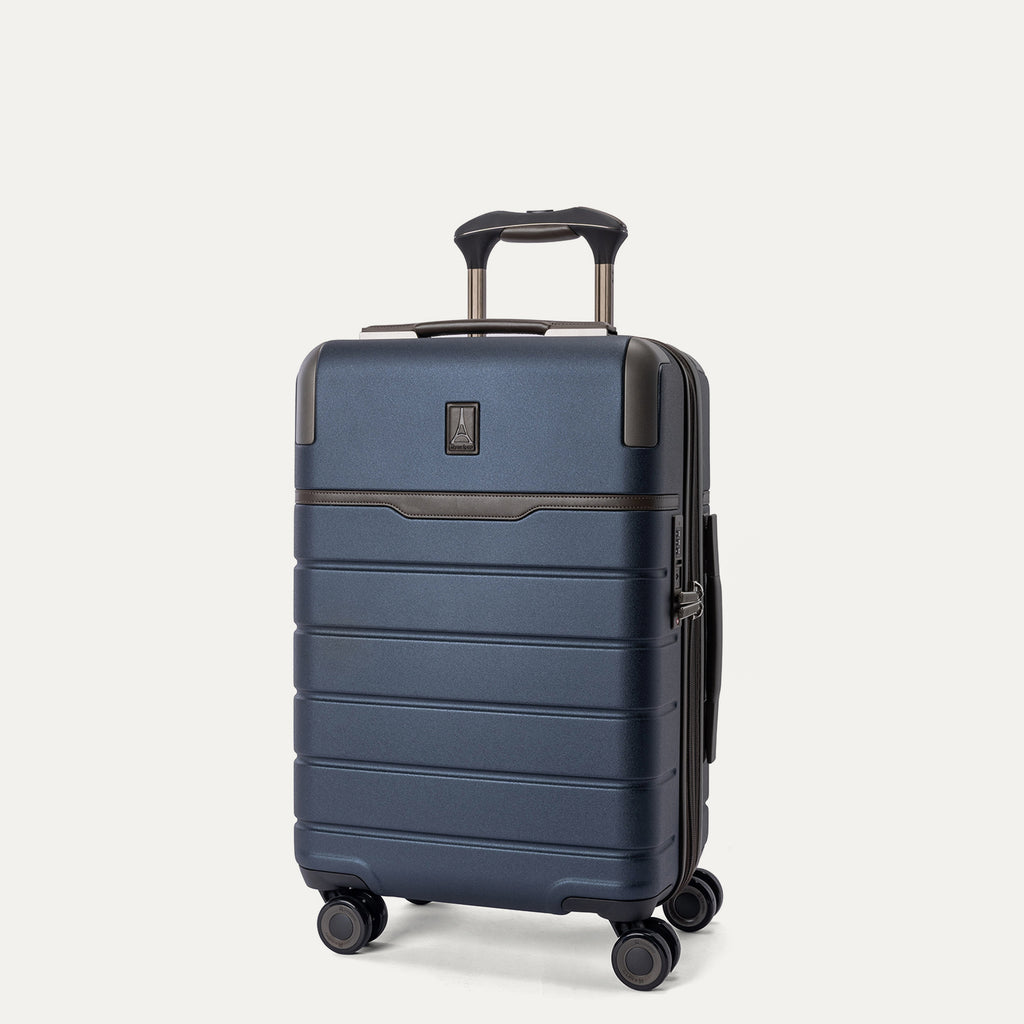 Three-quarter angled view of the Travelpro Platinum Reserve Compact Carry-On Hardside Spinner in Midnight Trail