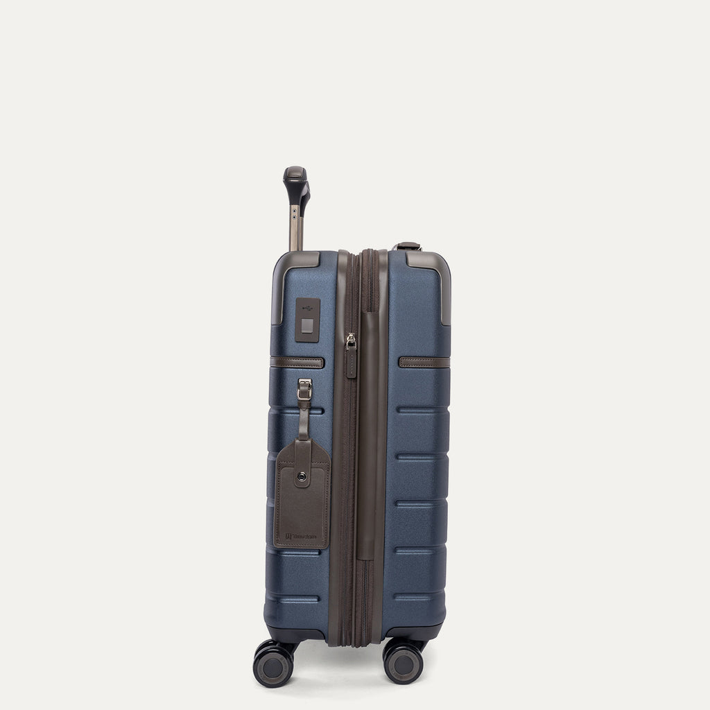 Side profile of the Travelpro Platinum Reserve Compact Carry-On Hardside Spinner in Midnight Trail