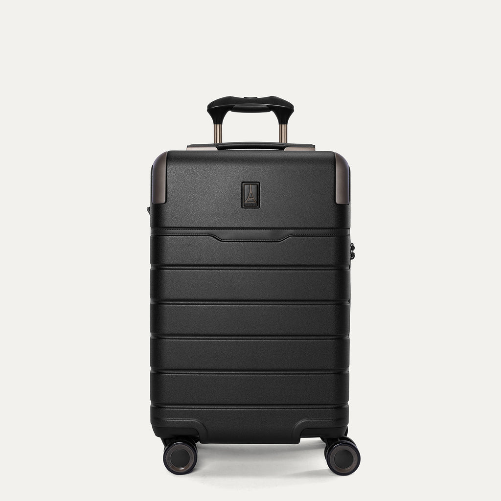 Front view of the Travelpro Platinum Reserve Carry-On Hardside Spinner in Black Dust