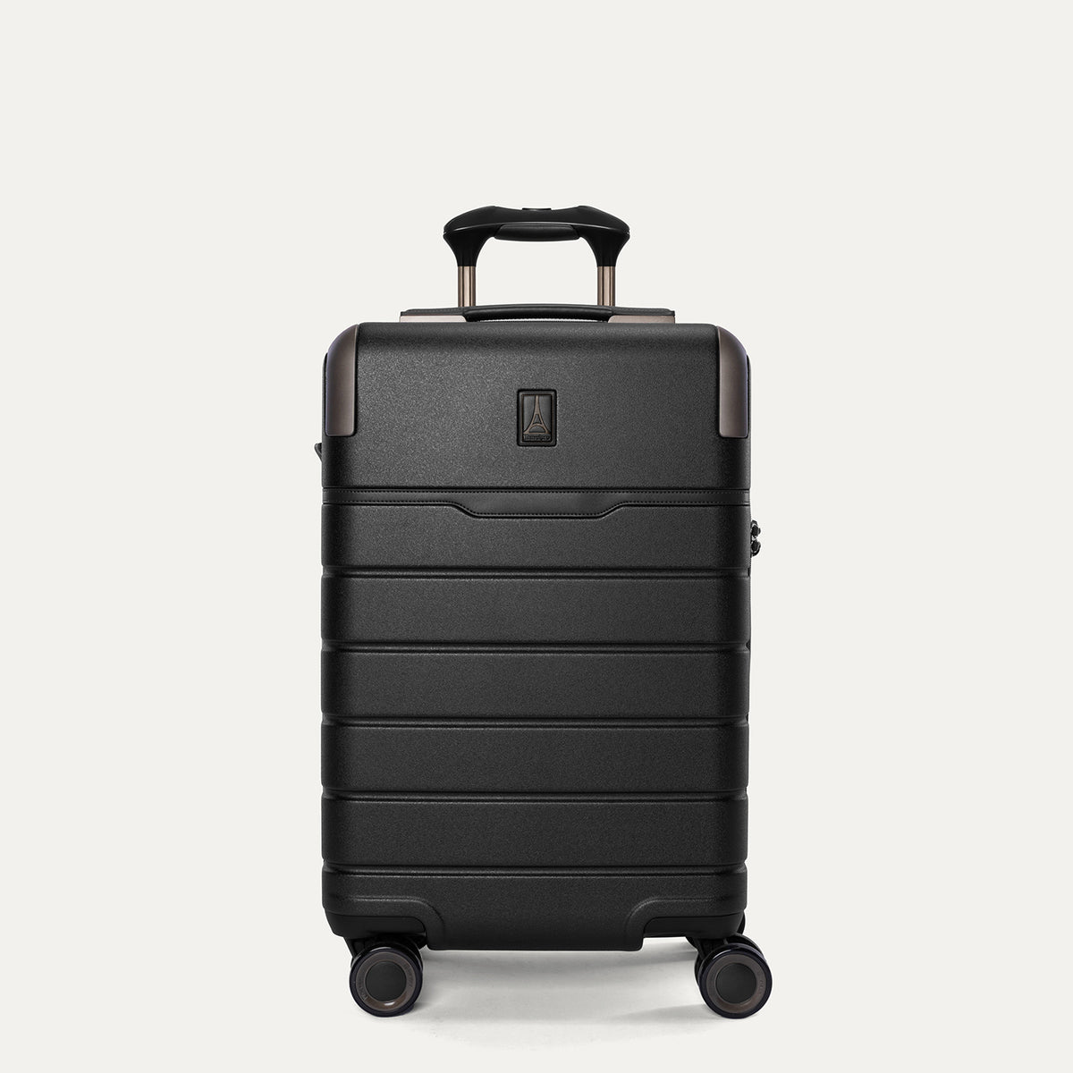 Front view of the Travelpro Platinum Reserve Carry-On Hardside Spinner in Black Dust