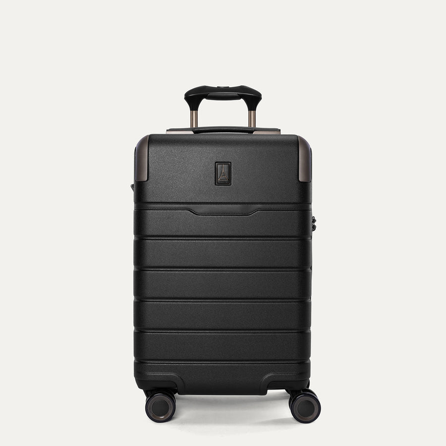 Front view of the Travelpro Platinum Reserve Carry-On Hardside Spinner in Black Dust